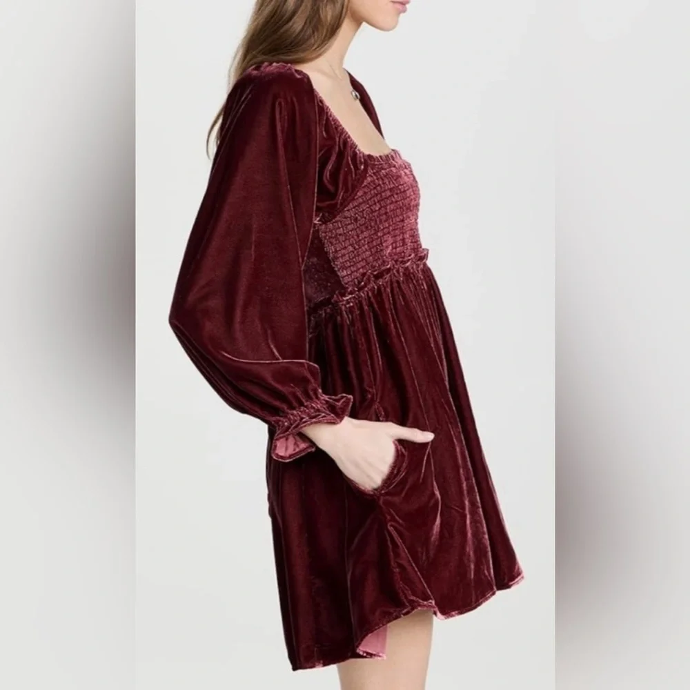 Free People Women’s Daphne Boho Velvet Mini Dress in Roan Rouge Sz Small Fall